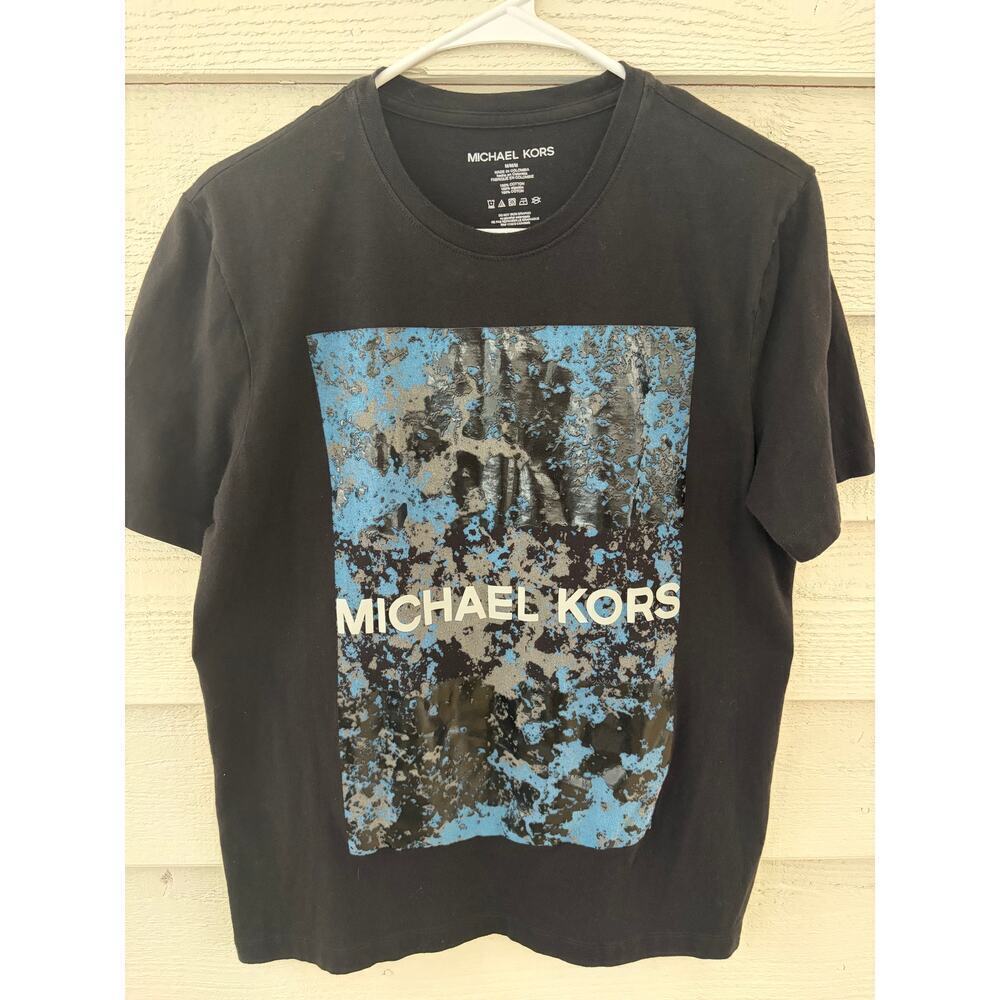 Michael Kors Graphic Logo T-Shirt Black Blue Paint Print Medium 100% Cotton
